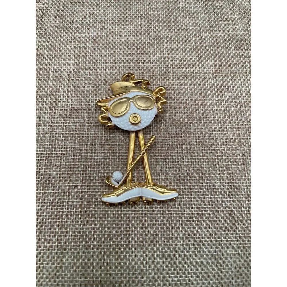 Vintage AJC Articulating Lady Golfer Brooch Pin Gold Tone Whimsical Unique Golf